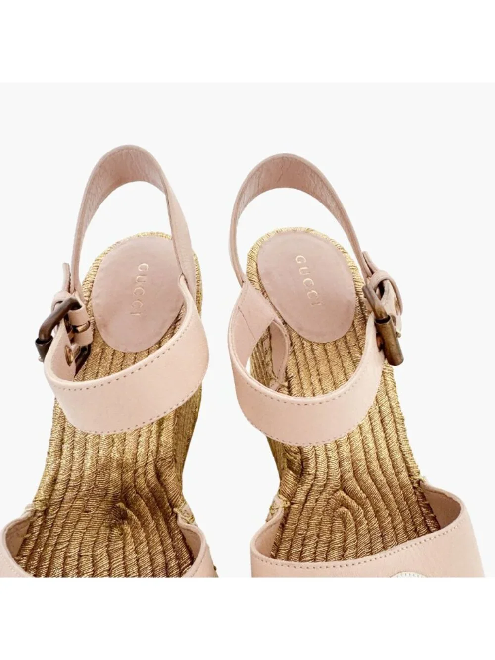 Gucci Flor GG Espadrille Wedge Sandals EU 39.5 US 9.5 Pink Gold Platform Heel